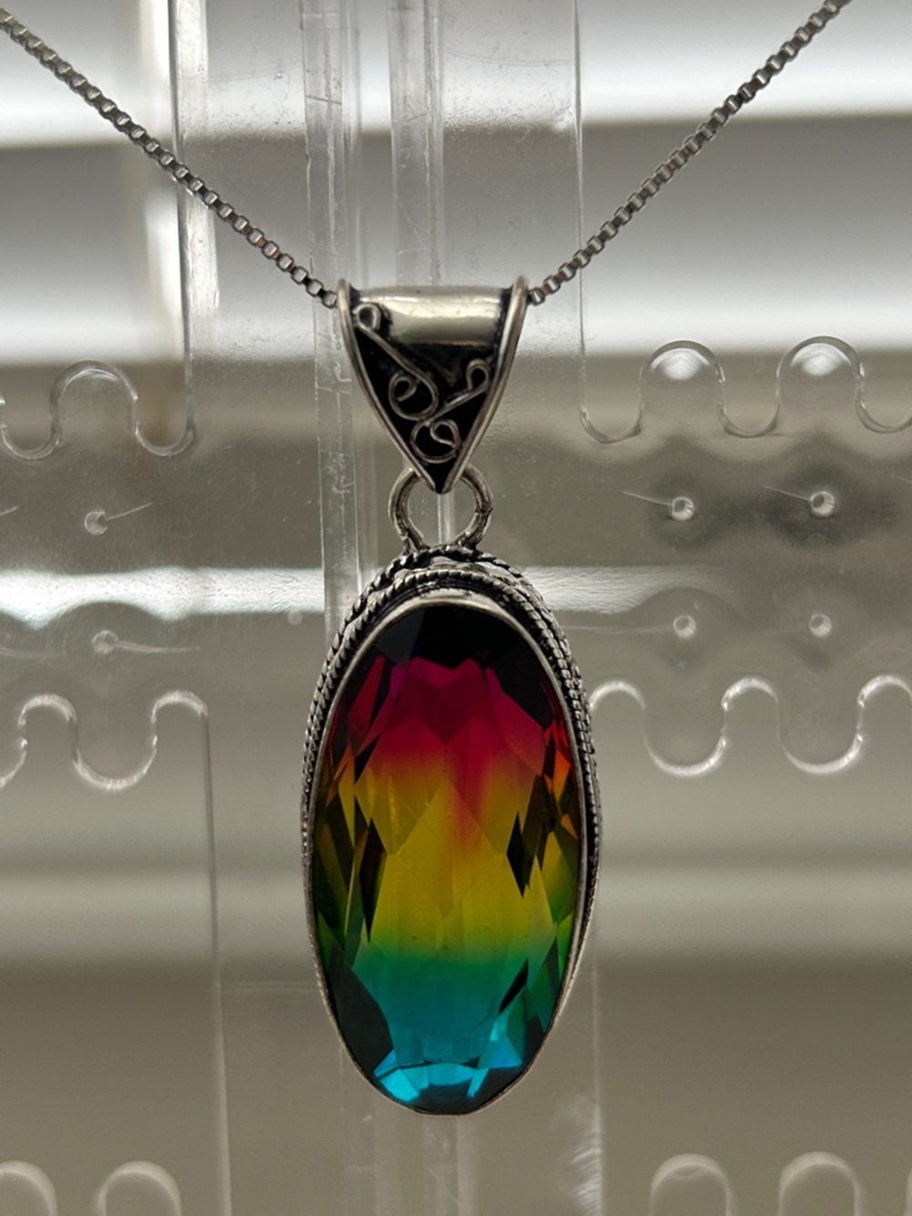 Sterling Silver Rainbow Crystal Oval Pendant Necklace - Multicolor